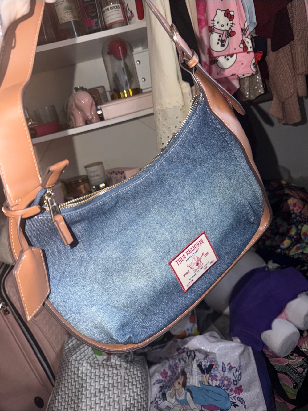 True Religion Denim Shoulder Bag with Tan Trim
